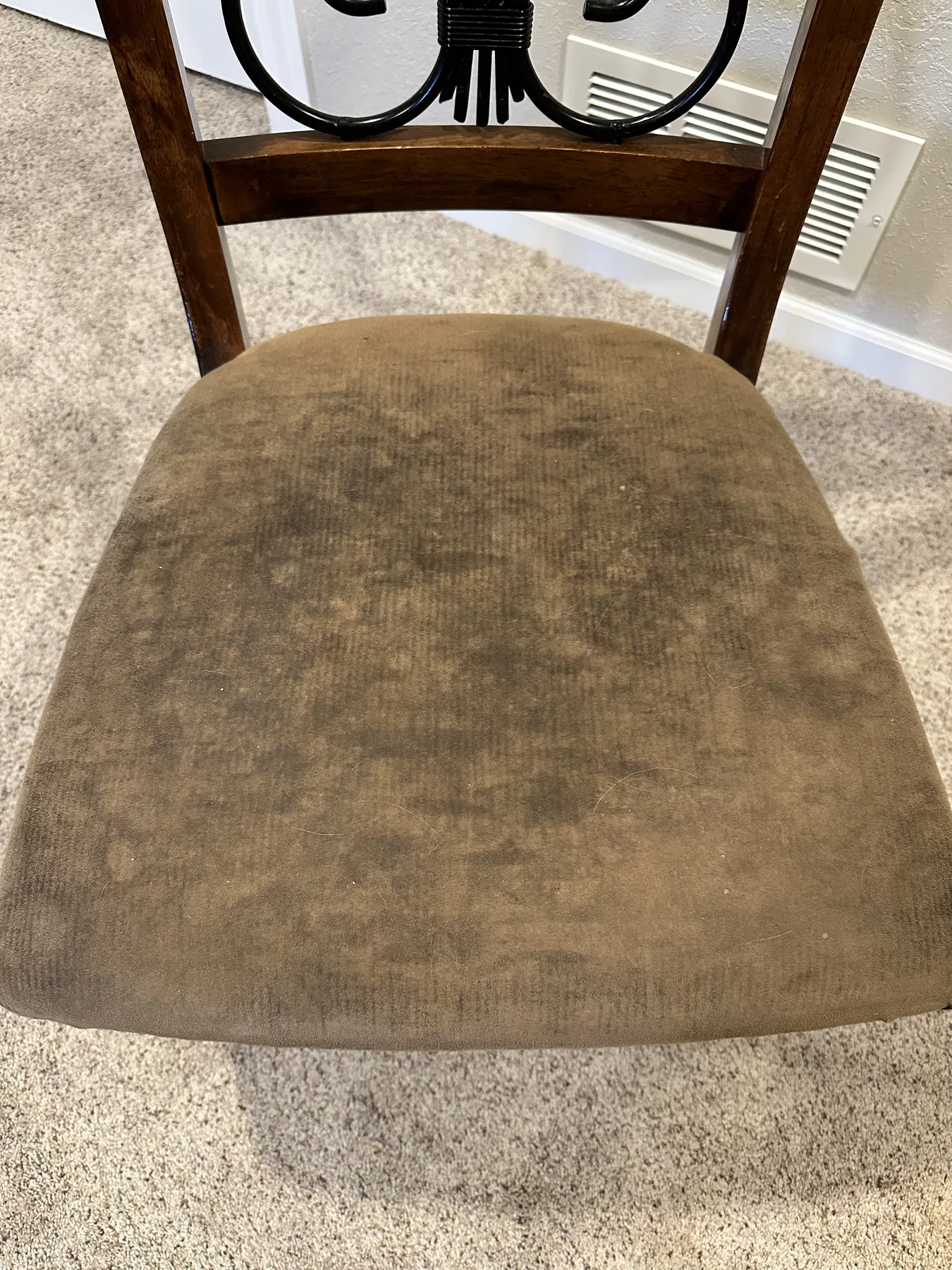 Dining chair fabric seat cushion visibly soiled before cleaning