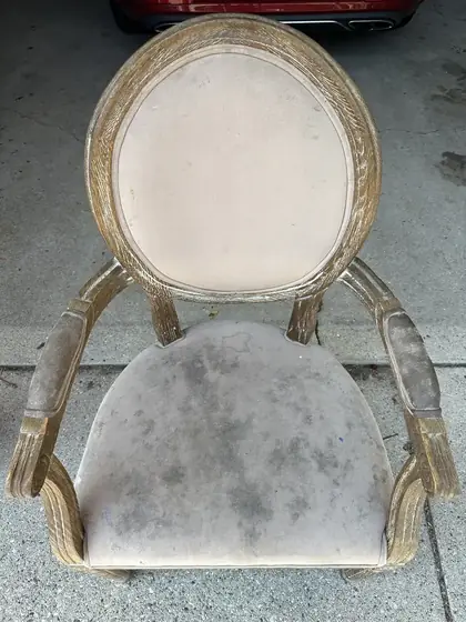 French style armchair seat with dark ground in dirt before liquid dry cleaning